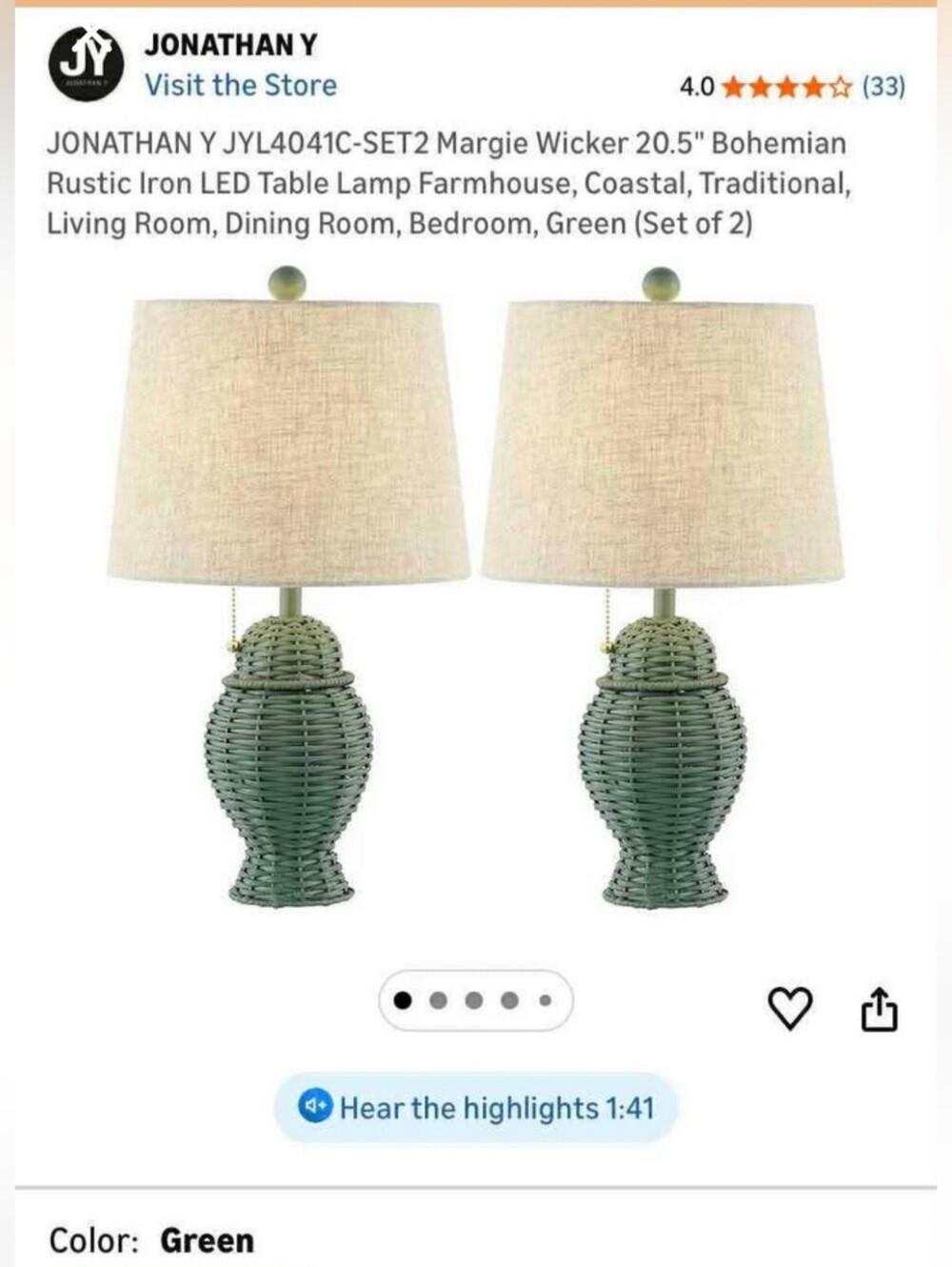 Green Wicker Table Lamp Set of 2